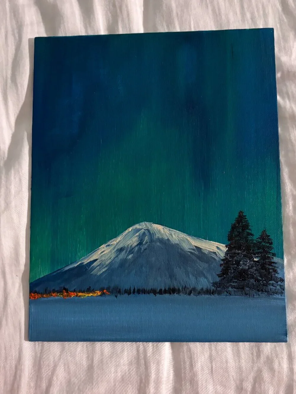 Handmade Aurora Borealis Canvas Painting Northern Lights Snow Mountain Wall Art